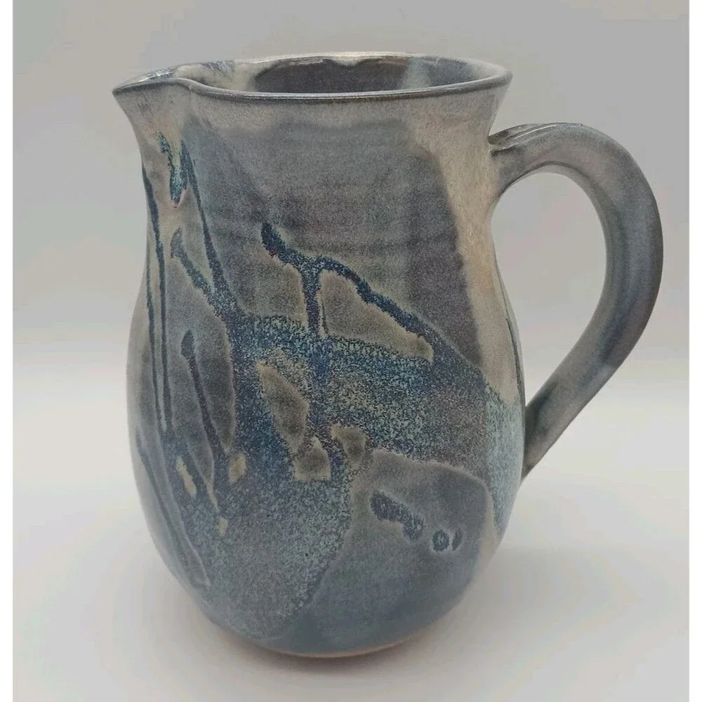 Studio Pottery Pitcher Signed Blue Gray Drip Redware